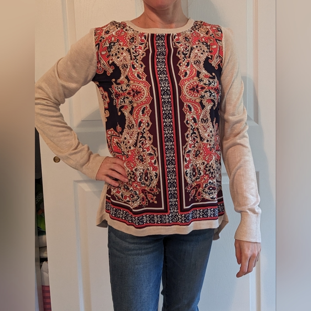 NWT | Market & Spruce | Zappito Split Back Mixed Material Top | Beige & Red | S